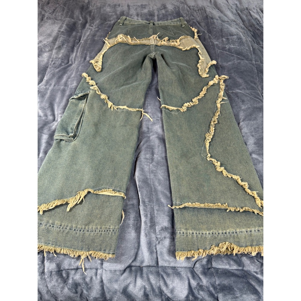 Romwe XS‎ Distressed Fringe Jeans Blue Denim Cargo Pockets Grungecore - Picture 10 of 12